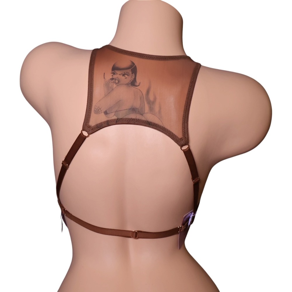 Savage X Fenty Sheer Tattoo Mesh Racerback Bralette Brown 32A NWT - Picture 2 of 4